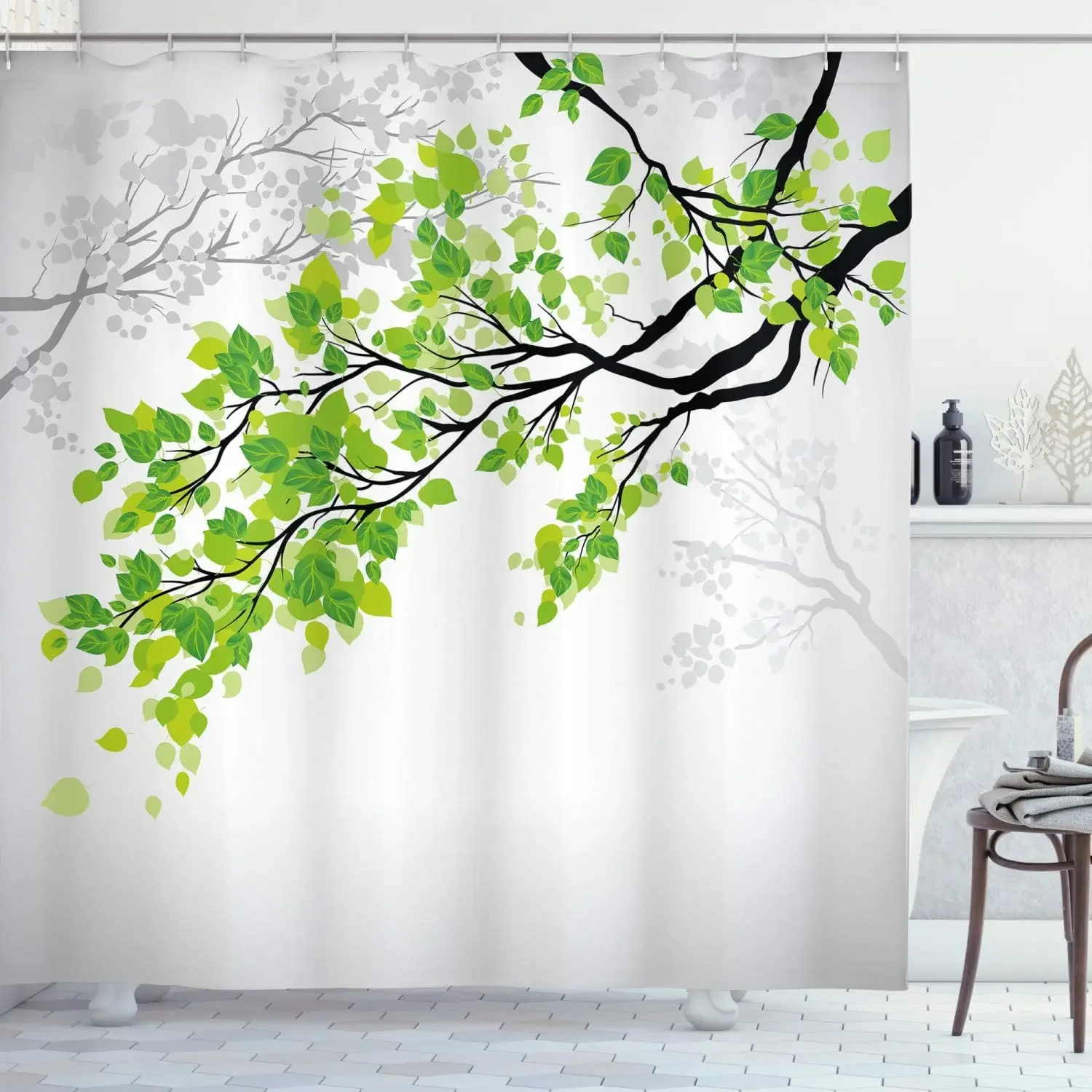 Spring Tree Branch with Refreshing Leaves Summer Peaceful Woodland Graphic Cloth Fabric Bathroom Decor