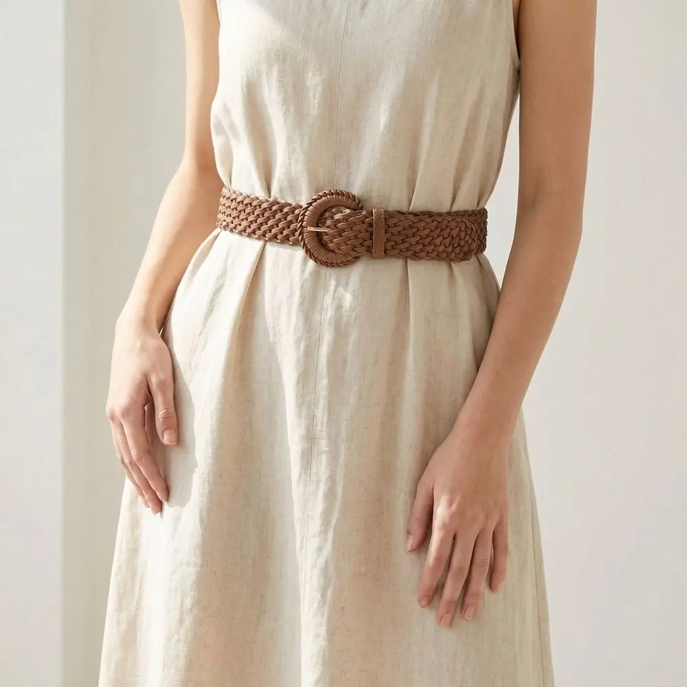 Personality Woven Weave Belt Round Wide Retro Belt PU Leather Hollow Out Bohemian Style Waistband Women