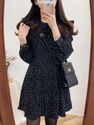 2023 Cute Sweet Dress Hot Sales Women Fashion Korean Style Design A Line Preppy Girls Vintage Polka Dot Ruffled Mini Black Dress