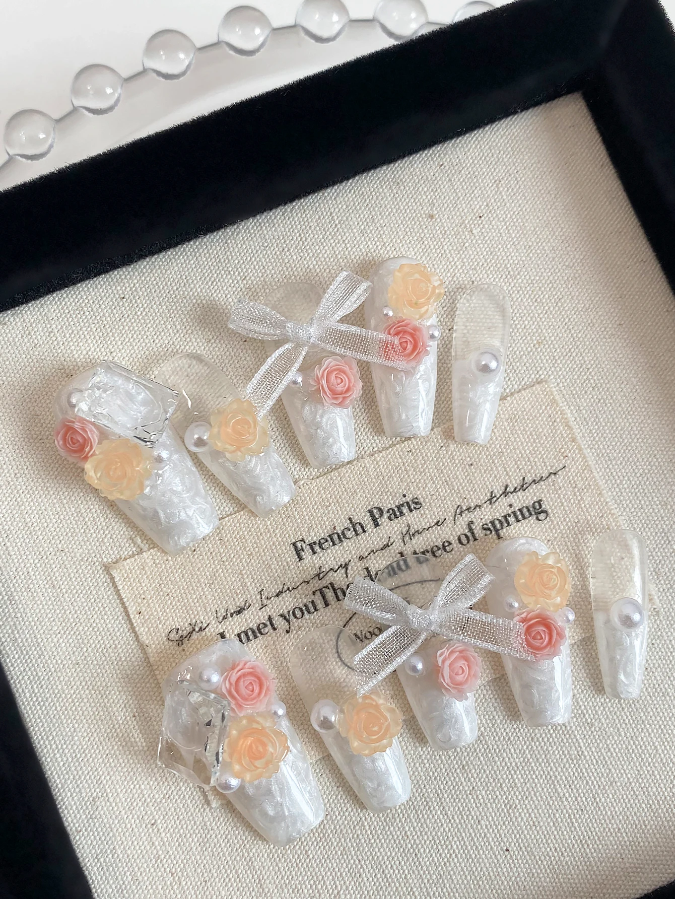 Handmade White Press On Nails, 3D Pink Apricot Rose, Mesh Bow & Pearl, Reusable Long Coffin Fake Nails for Women