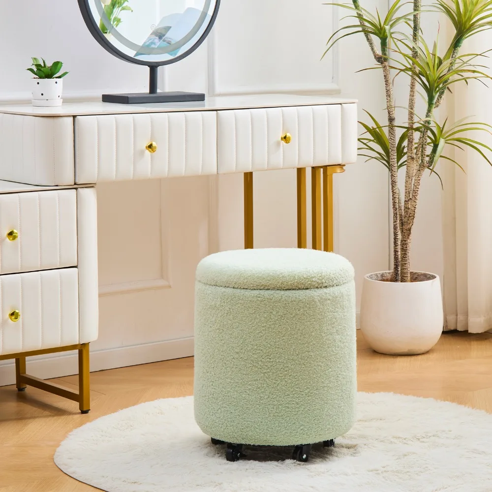 

Round Footstool Teddy Velvet Footrest Multifunctional Rolling Stool Coffee Table Ottoman with Wheels Vanity Stool