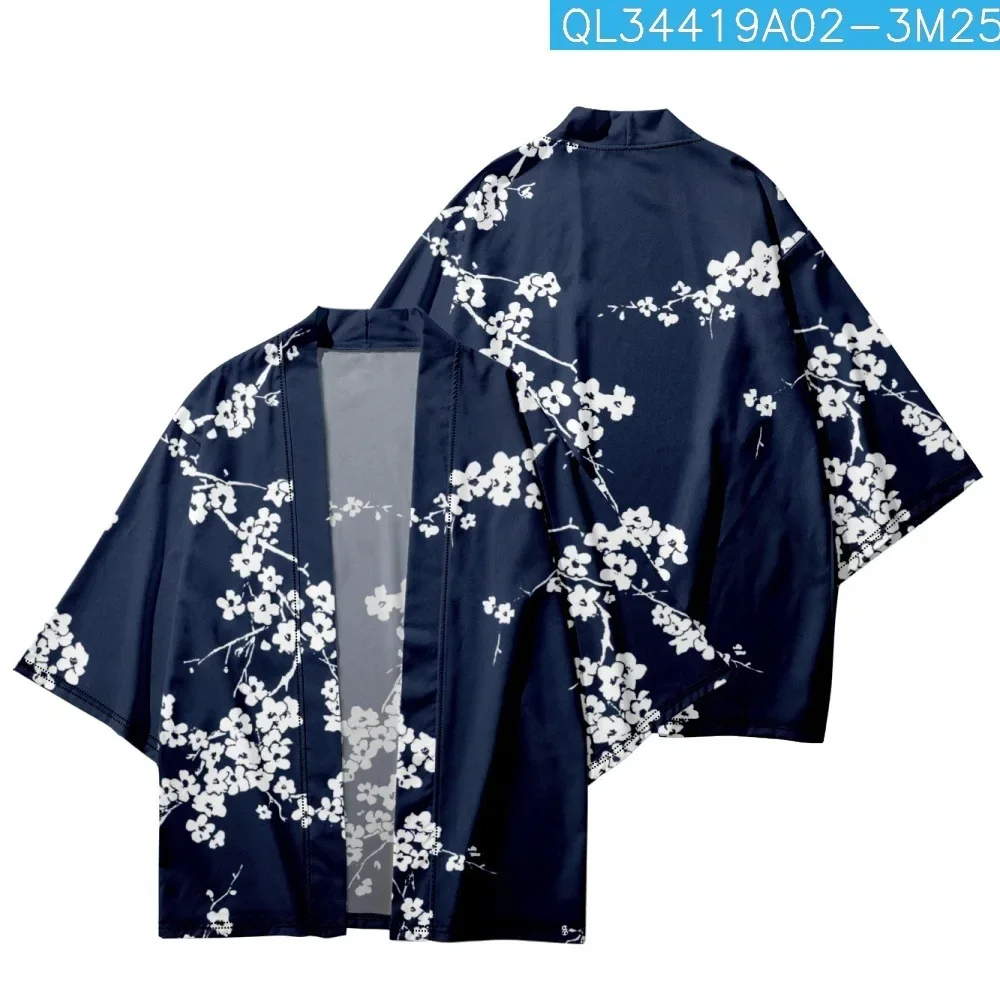 Fashion Men's Japanese Haori Open Front Sakura Print Loose Kimono Beach Cover Up Coat Casual 1/2 Sleeve Yukata Outerwear