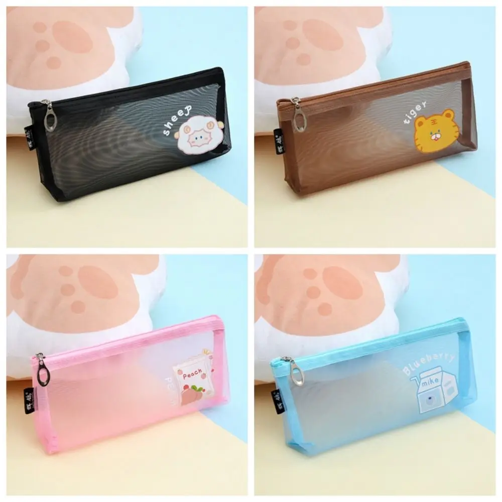 Cartoon Mesh Pencil Case Pen Pencil Pouch Cute Creative Net Pen Bag Breathable Large-Capacity Cosmetic Storage Bag Student