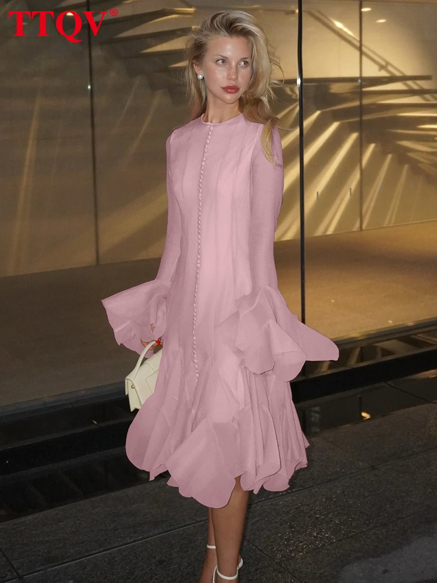 

TTQV Fashion Loose Pink Women Dress 2026 Spring O-Neck Long Sleeve Midi Dresses Elegant Classic Pleated Female Dress Streetwear