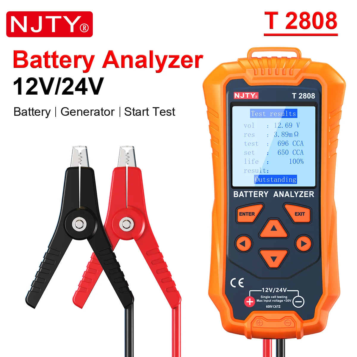 NJTY T2808 Car Motorcycle Battery Tester 12V 24V Auto Battery Analyzer 100 to 1700 CCA Start & Generator Voltage Load Test