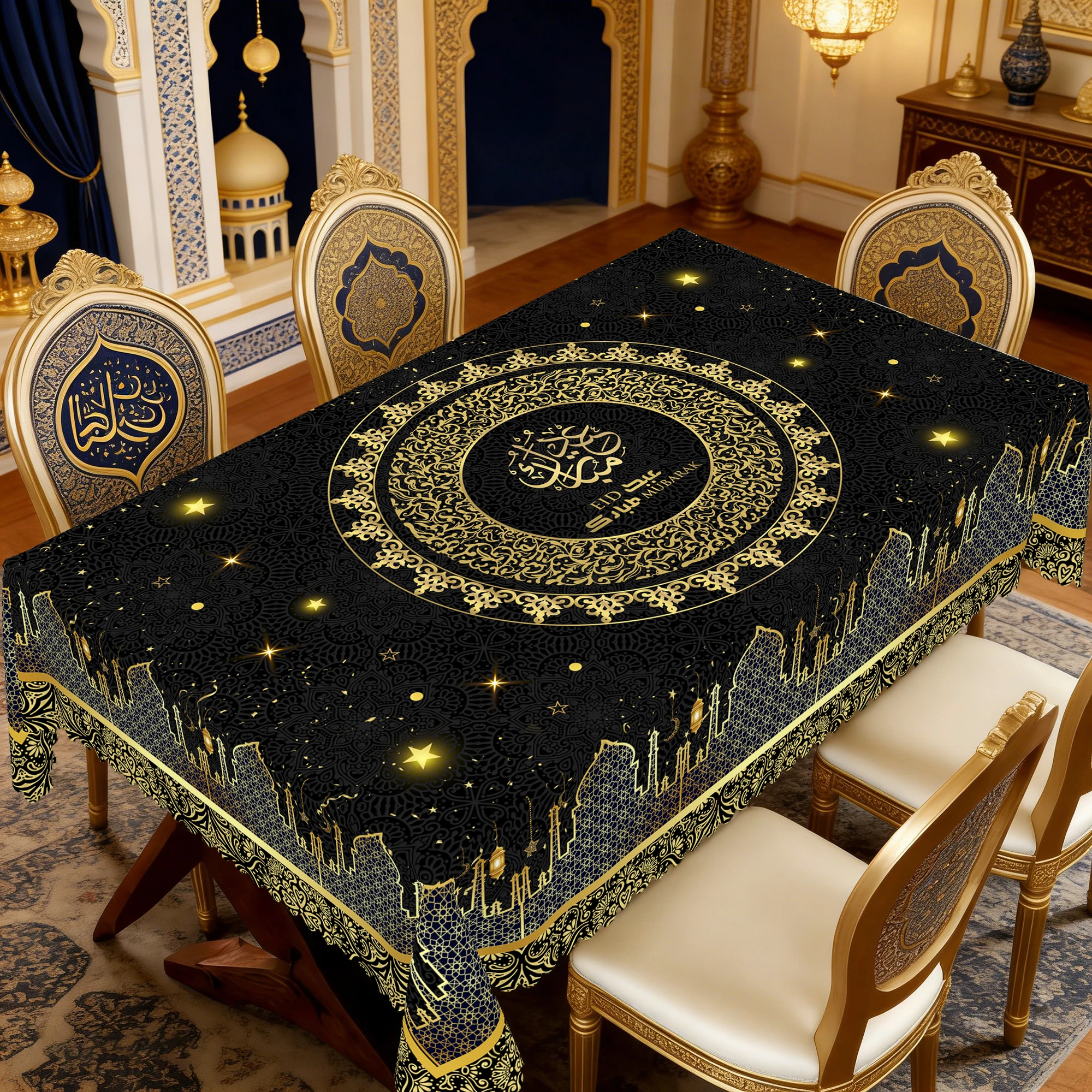 1 Piece of Black Tablecloth for Ramadan and Eid, Golden Ramadan Moon Lamp, Castle Pattern Design, Perfect Holiday and Mubarak Ramadan Decoration, Ramadan Gift, Ideal Indoor/Outdoor Ramadan Party and Home Decoration, Round and Rectangular Tablecloths, Various Sizes Available