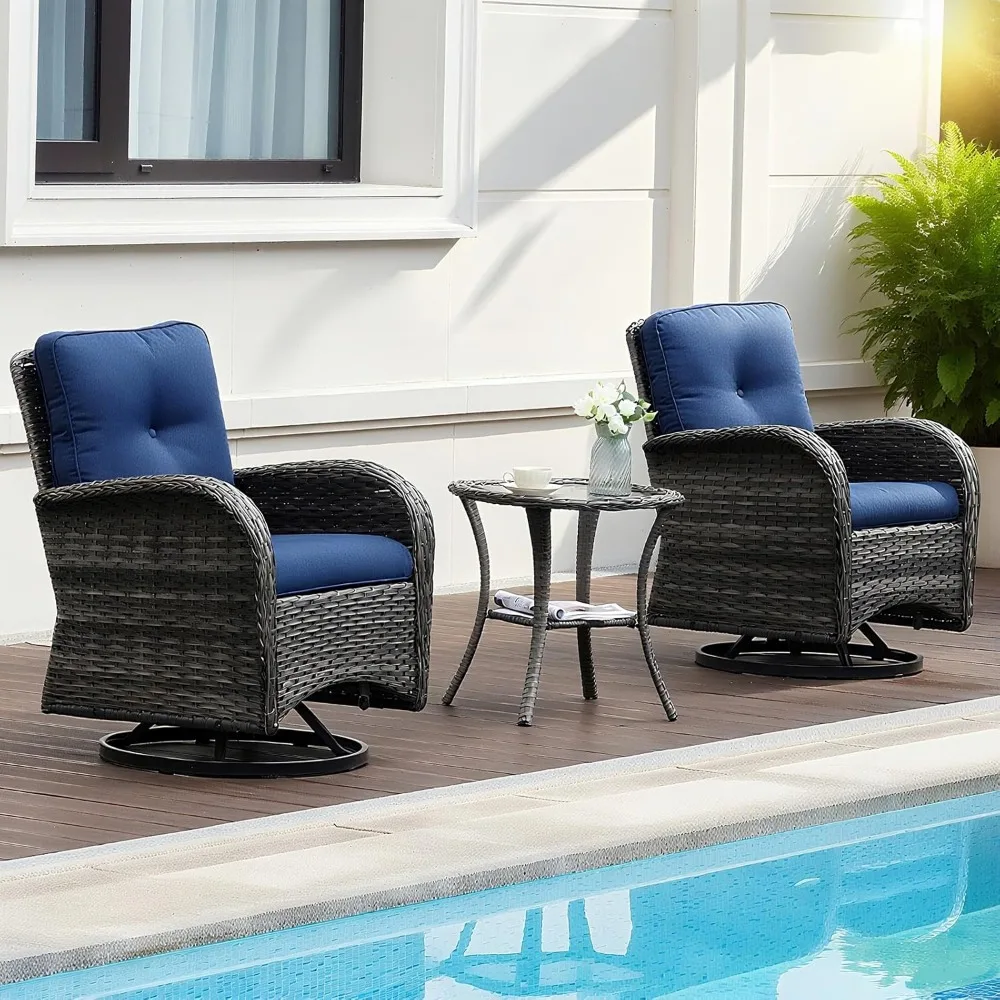 

Luxury 3-Piece PE Wicker Swivel Rocking Patio Chair Set with Preminum Cushions & Ripple Glass Table, All-Weather Outdoor Bistro