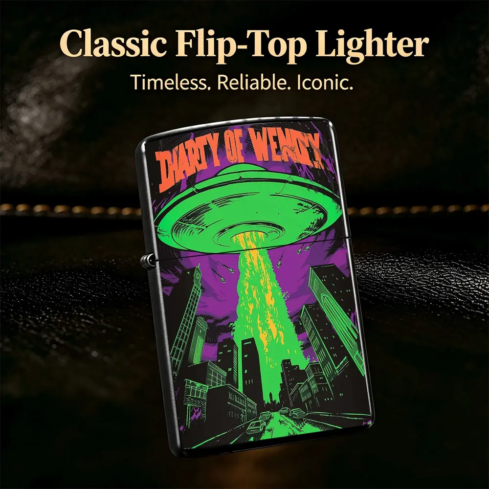 Pocket Lighter, Flip-Top Windproof Design, Metal Shell, Green Alien Flying over City Print, Comfortable Grip, Portable & Durable