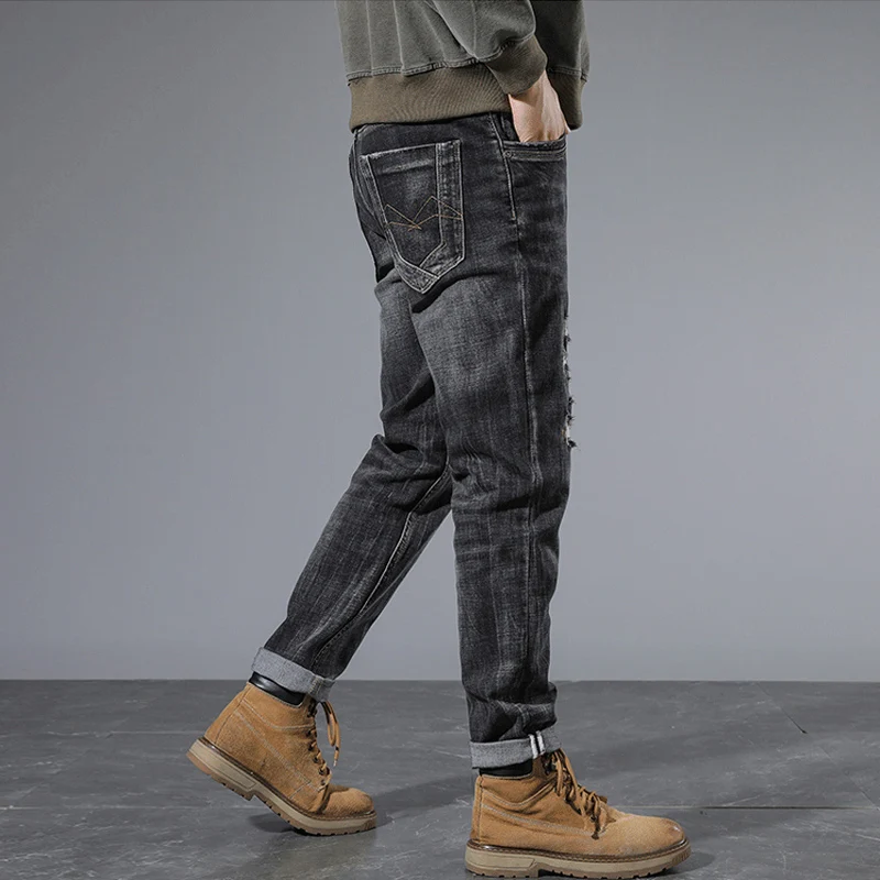 Fashion Designer Men Jeans High Quality Retro Black Gray Stretch Slim Fit Ripped Jeans Men Embroidery Vintage Denim Pants Hombre