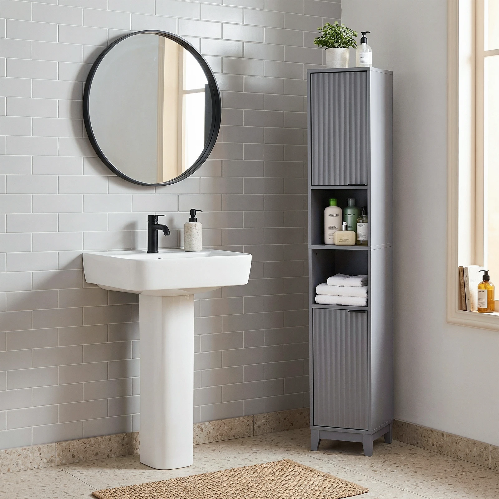 Gray particleboard with melamine veneer and MDF grid vacuum forming, 30*28*170cm, two doors and two shelves, bathroom vanity
