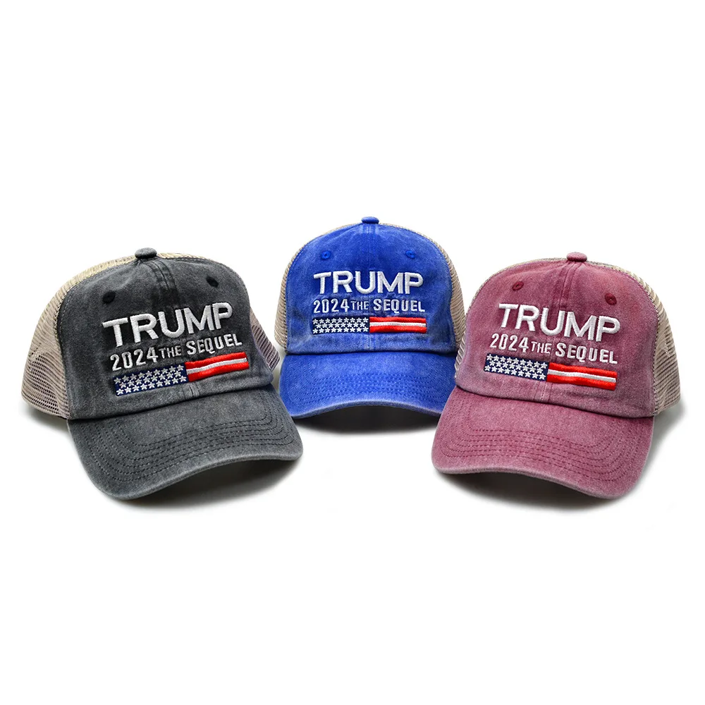 Produkty MAGA Republikańskie TRUMP 2024 THE SEQUEL Czapka Baseballowa z Flagą USA, Haftowana, Prana, Z Siatką, Regulowana Czapka Trucker