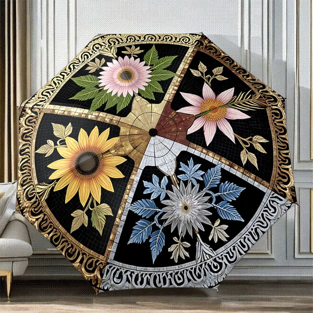 

Складной портативный зонт с 8 спицами, компактный дорожный зонт с цветочным узором (подсолнух/лилия/ромашка) и темным цветом