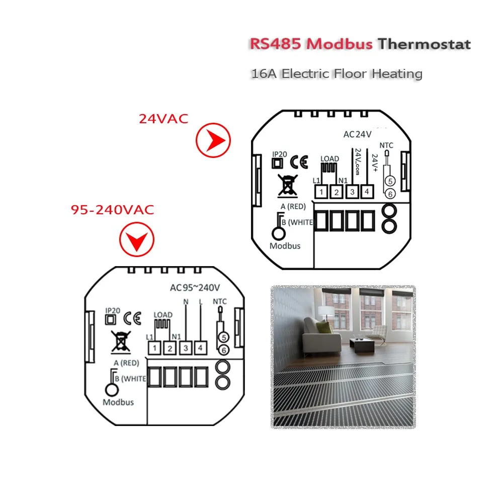 24VAC MODBUS RS485 floor electric heating thermostat, 16A floor temperature regulating controller 95-240VAC optional