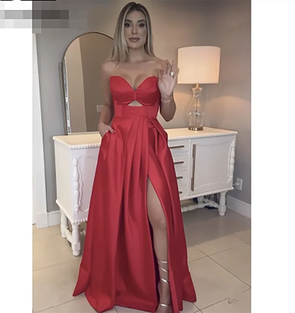 Verngo Green Satin Party Dress Sweetheart Cut Out Evening Dress For Women Side Slit A Line Prom Gowns Simple Formal Dress