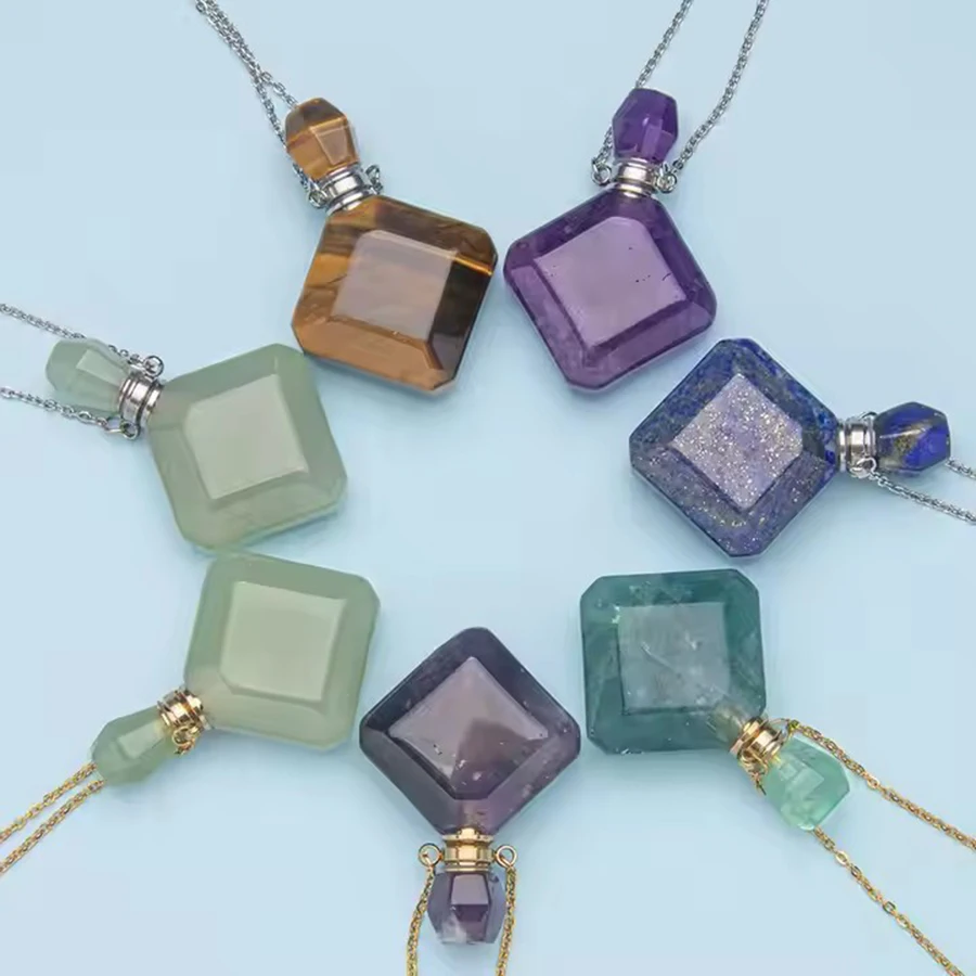 

Natural crystal rhombus perfume bottle pendant necklace aromatherapy healing gemstone stainless steel necklace for women
