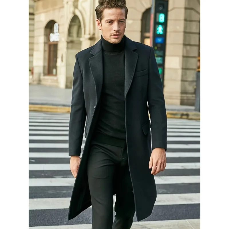 Mens Autumn Winter Woolen Coats Mens Business Casual Slim Solid Long Wool Windbreaker High Quality Thicken Warm Trench Jackets