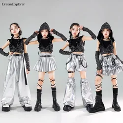 Girls K-pop Sequin Crop Hoodies Street Dance Shorts Kids Hip Hop Jazz Skirts Silver Pants Clothes Sets Child Streetwear Costumes