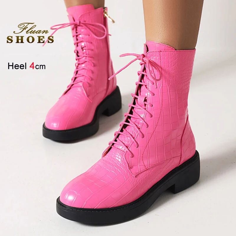 

2025 Autumn Winter Pink Women's Ankle Boots Round Head Lace-up Ladies Short Boots Thick Low Heels 4cm Side Zipper Leather Boots