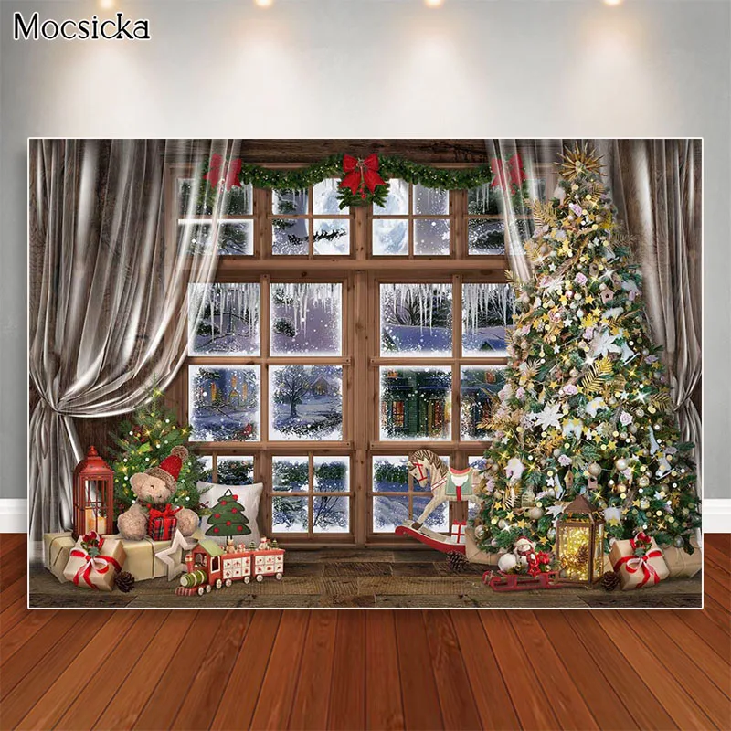 Christmas Backdrop Winter Windows Moon Photoshoot Xmas Tree Photography Kids Family Portrait Photo Props Studio Booth Background