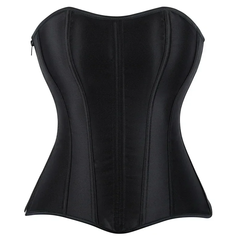 Black Satin Overbust Corset Top for Women  Lace-Up Side Zipper Waist Bustiers Body Shaper Lingerie Long Torso Corselet Mujer