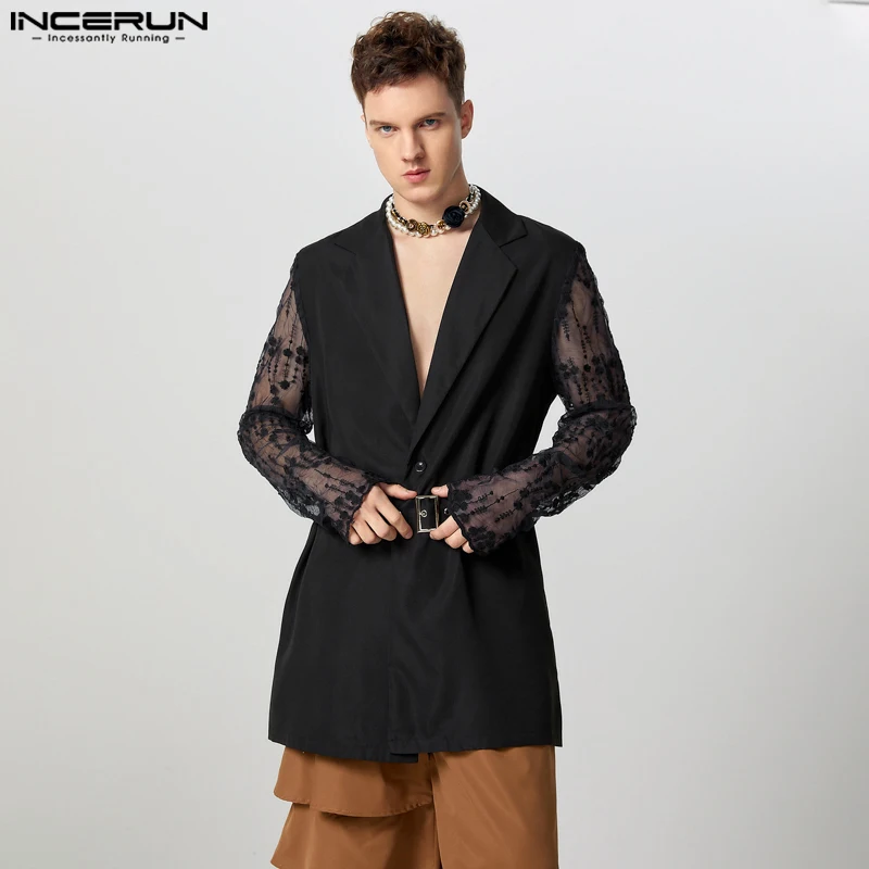 INCERUN Tops American Style Men Fashion Patchwork Lace Printed Suit Coat Sexy Casual Male Hot Selling Long Sleeved Blazer S-5XL