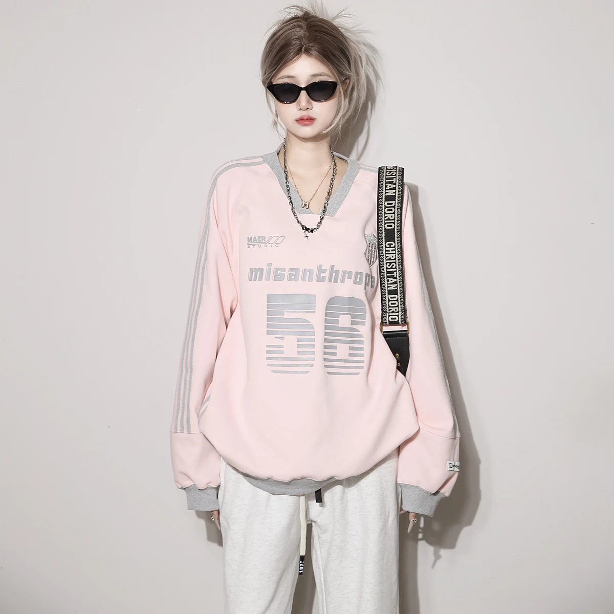 

Американский утепленный свитшот оверсайз с капюшоном и V-образным вырезом для женщин, весна-осень, модный бренд