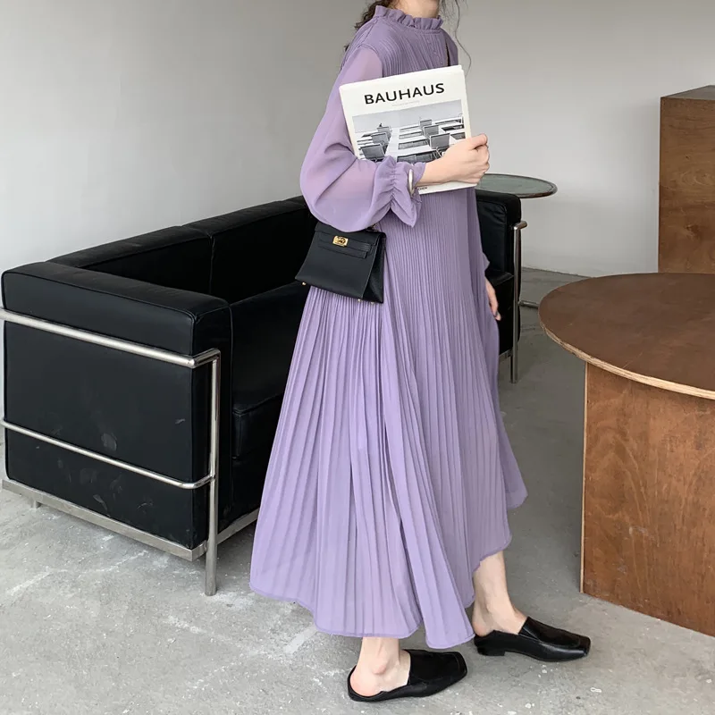 

2026 new hot selling loose and versatile black fungus edge pleated dress, feminine temperament mid length dress