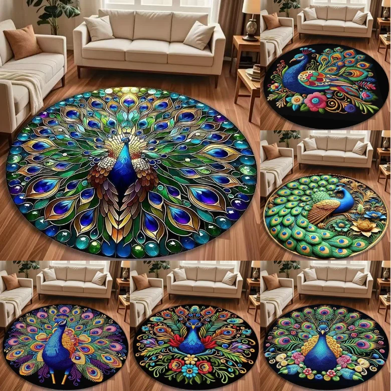 Luxuriöser bunter Pfau, runder Teppich, Federdruck, Wohnzimmer, Sofa, rutschfeste Fußmatte, Teetisch, Zuhause, Party-Dekoration