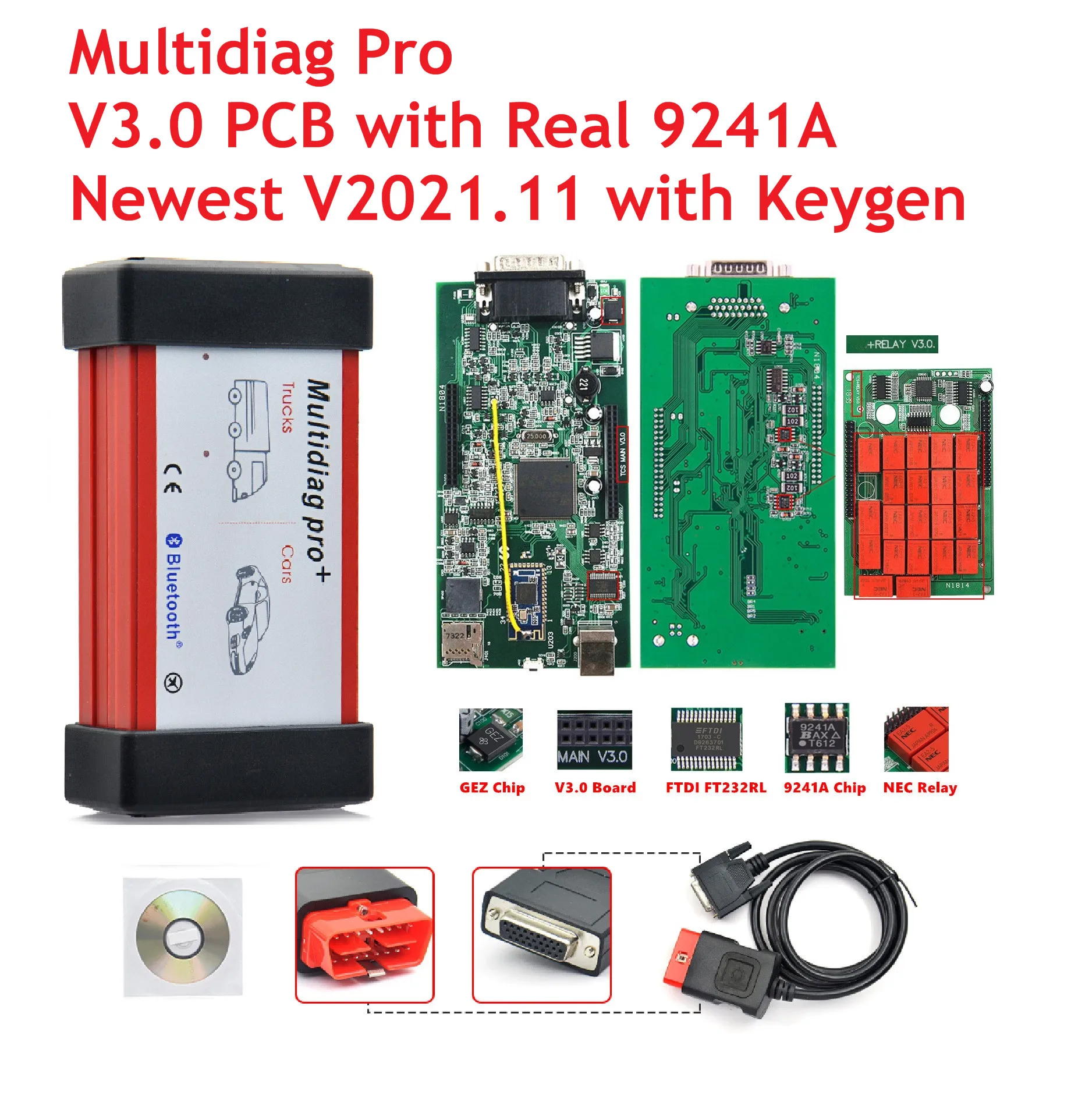 شريحة 9241A Multidiag Pro مع بلوتوث V2021.11 Keygen - ماسح ضوئي OBD2 عالي الجودة لشاحنة السيارة TCS