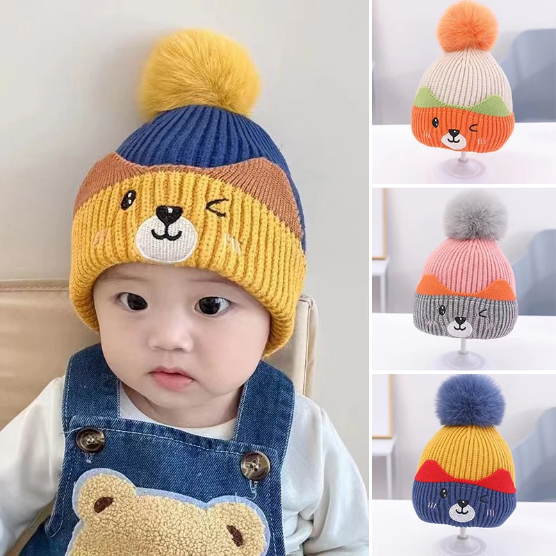 

Thick Velvet Lining Baby Beanies 1-2year Toddler Winter Warm Knitted Woolen Hat Cute Bear Kids Skullies Cap Plush Ball Bonnet 모자