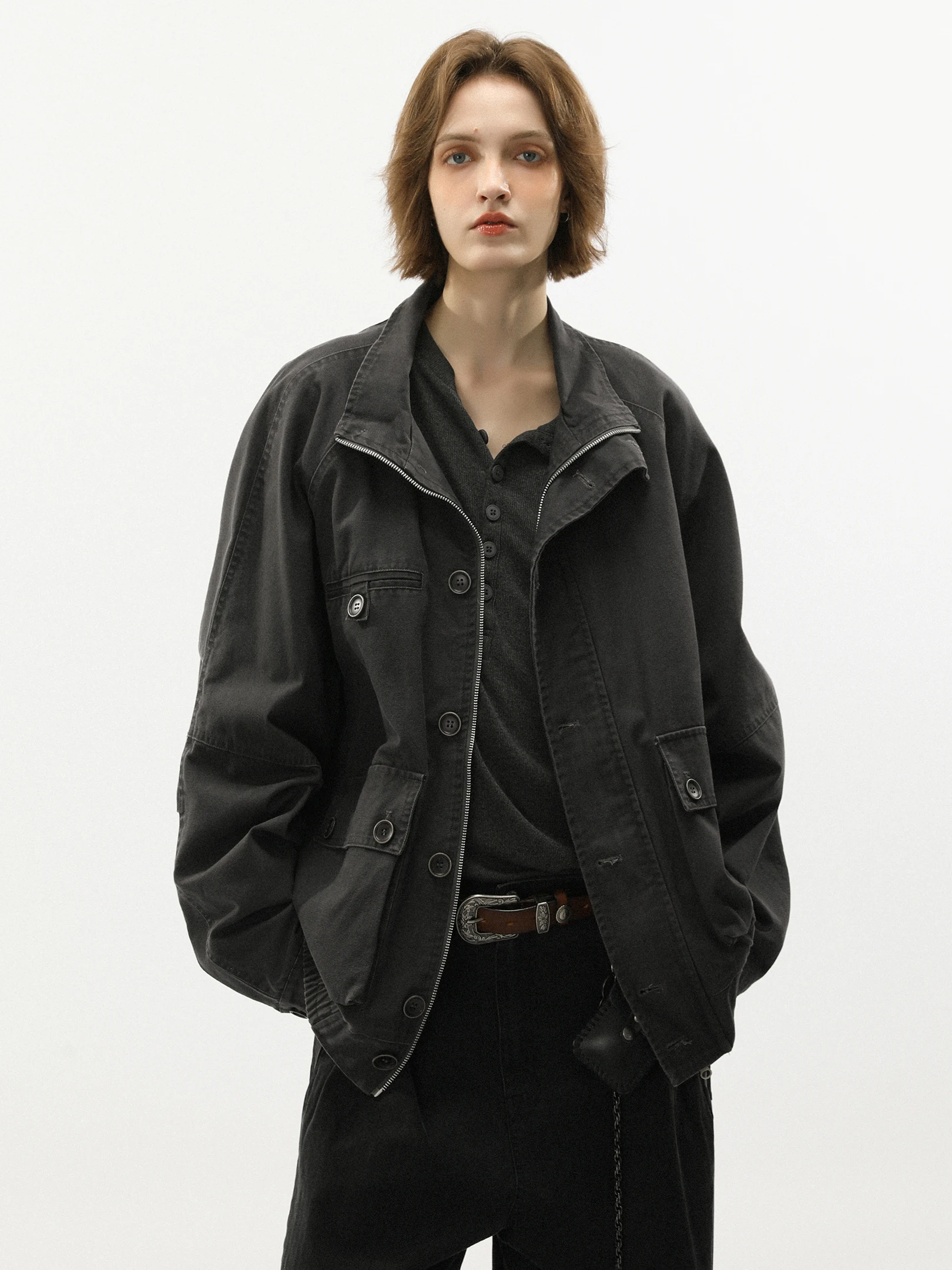 

RAVEN American Barn Sle Workwear Jaet ex Vintage Worn-Huntington Outerwear Loose Fit Cotton Long Sve Youth Faion