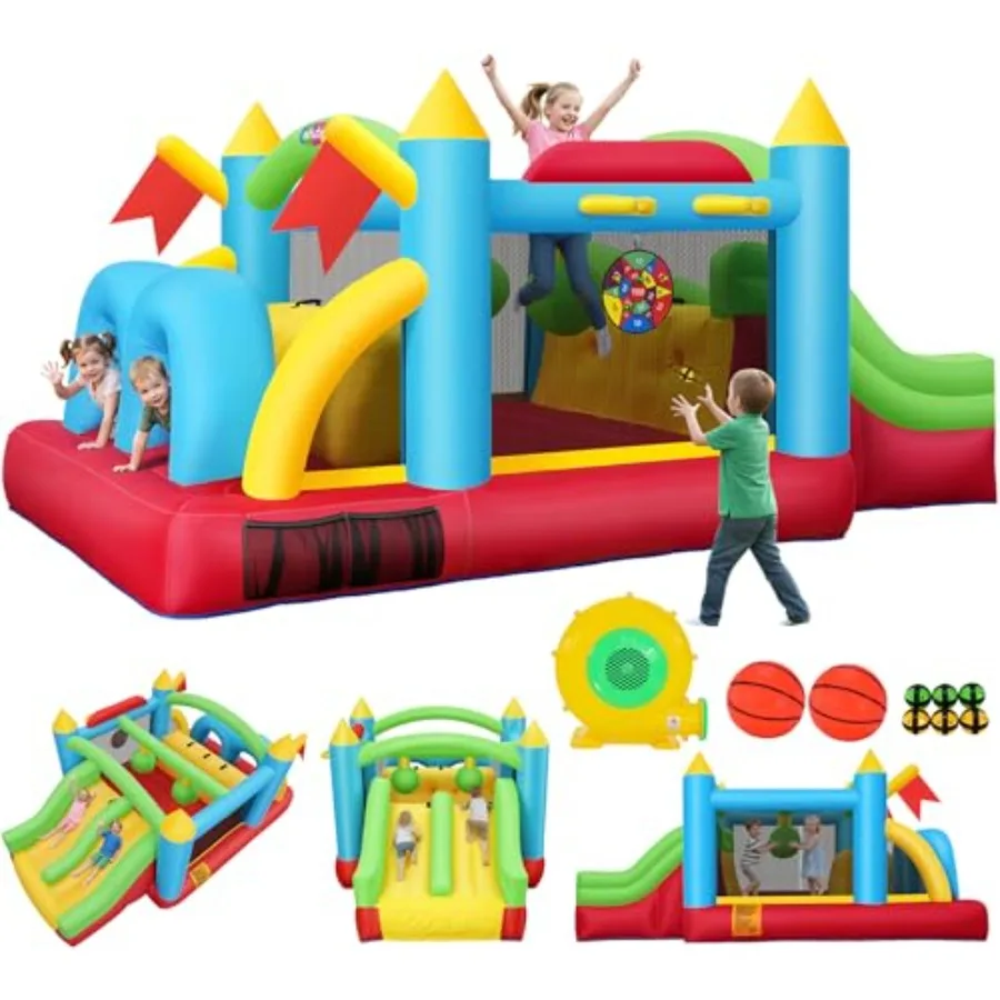 

Bounce House for 3-6 Big 8-12, 15.3 X 9ft Inflatable Obstacle Course with Dual Tunnels/Double Slides/Two Climbing Walls/Two Box