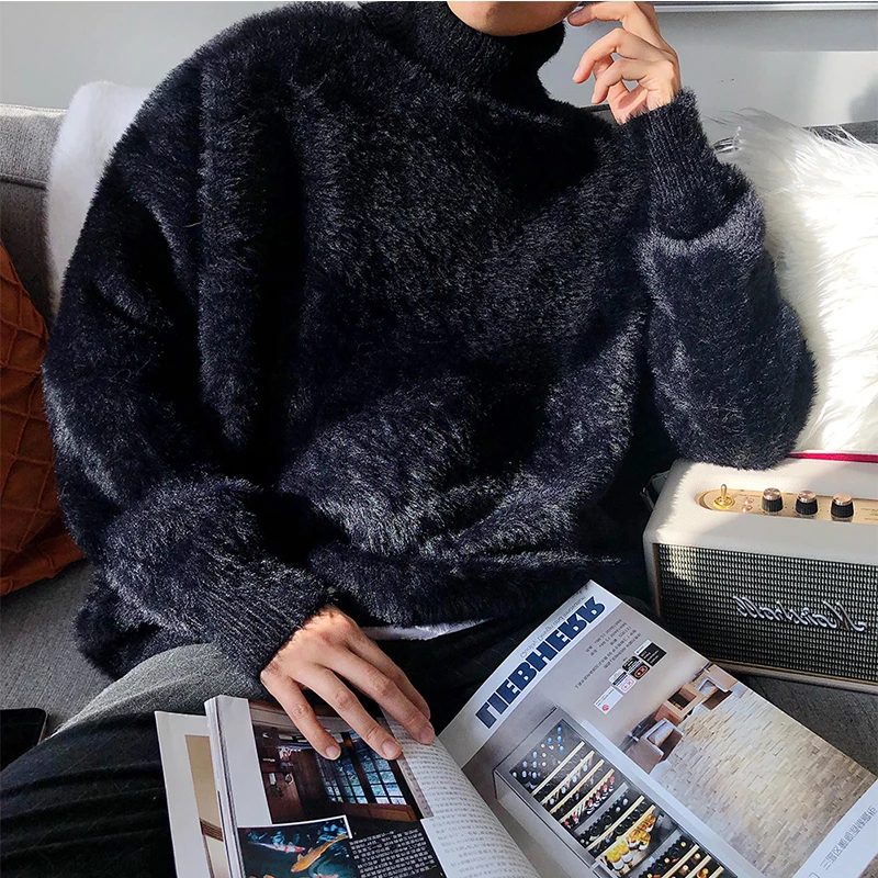 

Winter High Collar Men's Knitted Sweater Soft Cozy Loose Fit Faionable Korean Sle Camere Simulation Long Sve Top
