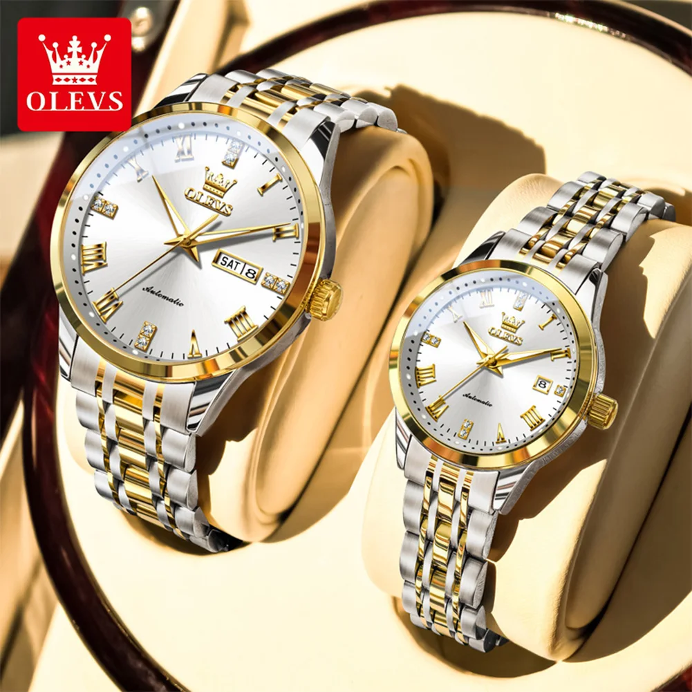 OLEVS 7062 Couple Watches Luxury Automatic Mechanical Watch Stainless Steel Week Date Watches For Couple Waterproof Wristwatch