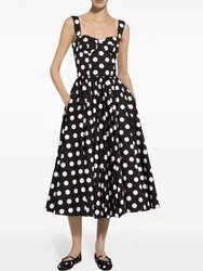 Vintage polka dot print sexy strapless halter high-waisted dress 2024 summer women's new fashion loose big swing pommel skirt