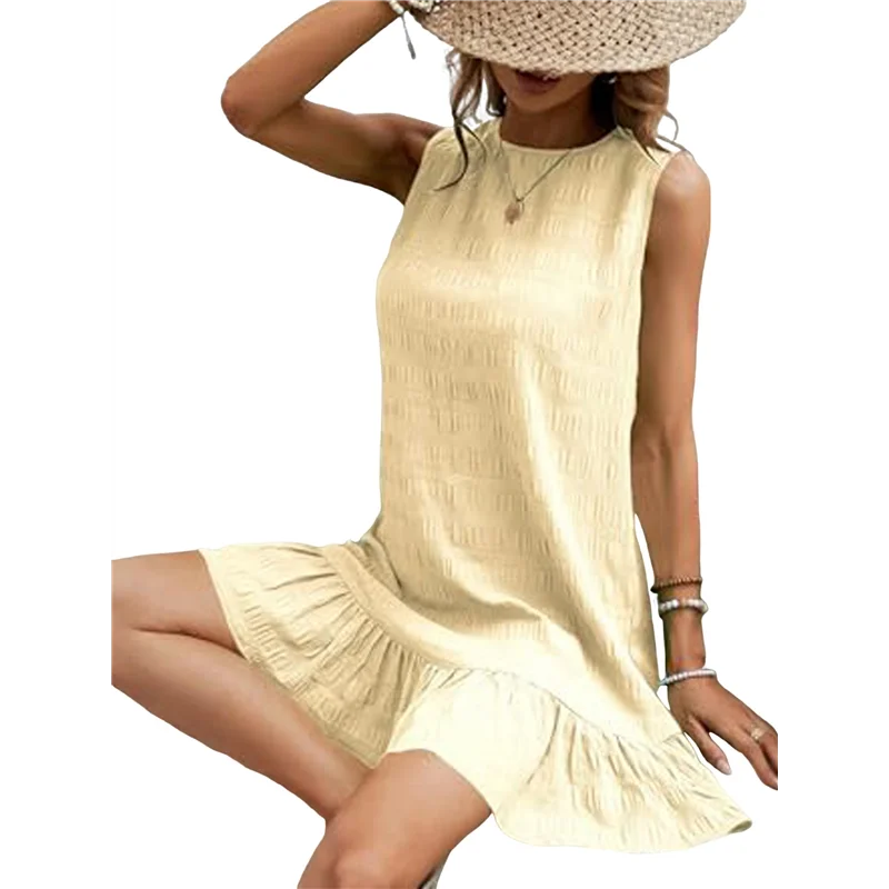 CGS-Women's Ruffle Hem Sleeveless Tank Dress Round Neck Casual Smock Summer Mini Dresses