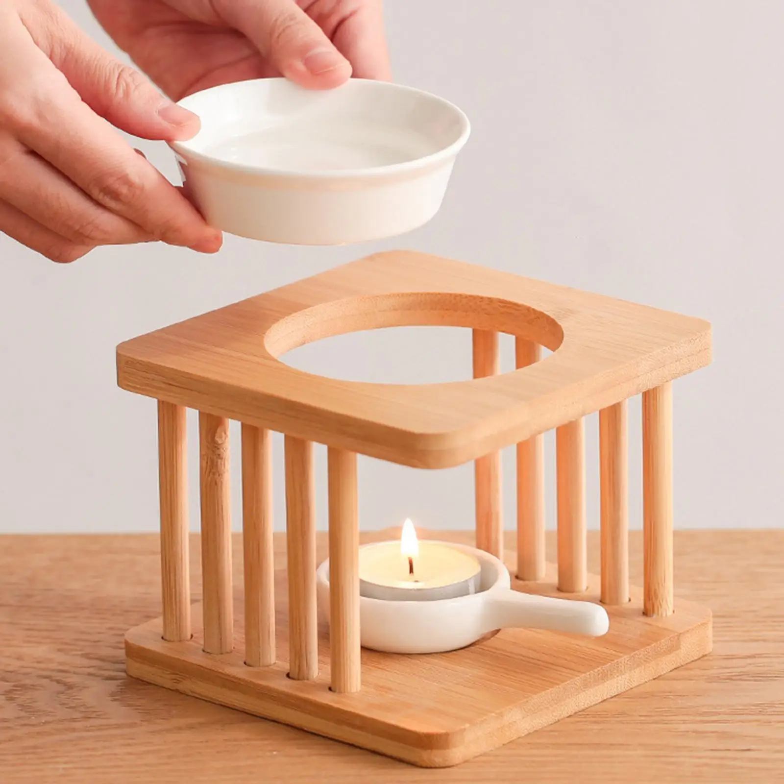 Wax Melt Burner Ceramic Tealight Candle Holder Bamboo Essential Oil Diffuser for Bedroom Desk Indoor Decor Aromatic Scented