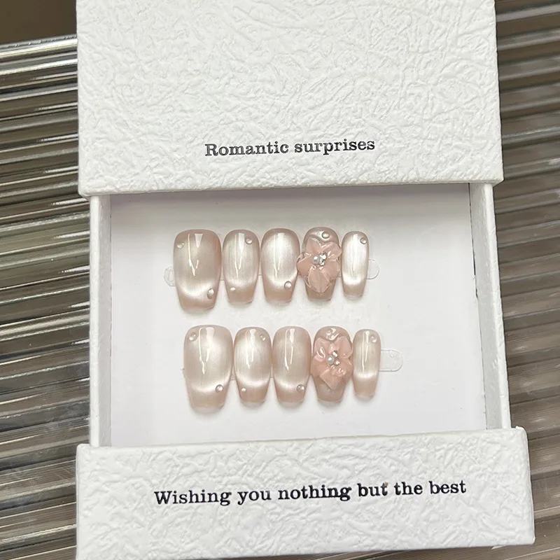 10 PZ Nude Cat Eye Glitter Breve Bara Fatta A Mano Presse sulle Unghie Copertura Completa Dolce Bowknot Unghie Artistiche Artificiali Indossabili Unghie Finte