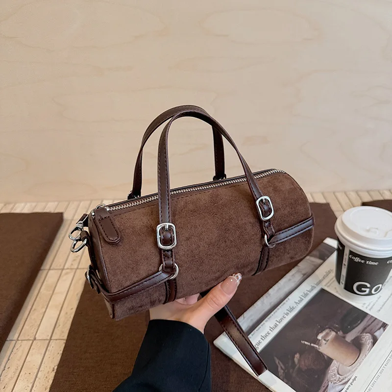 

Хит продаж: Модная ретро-сумка-цилиндр из замши, портативная, женская, новинка 2026 года, универсальная сумка через плечо/мессенджер