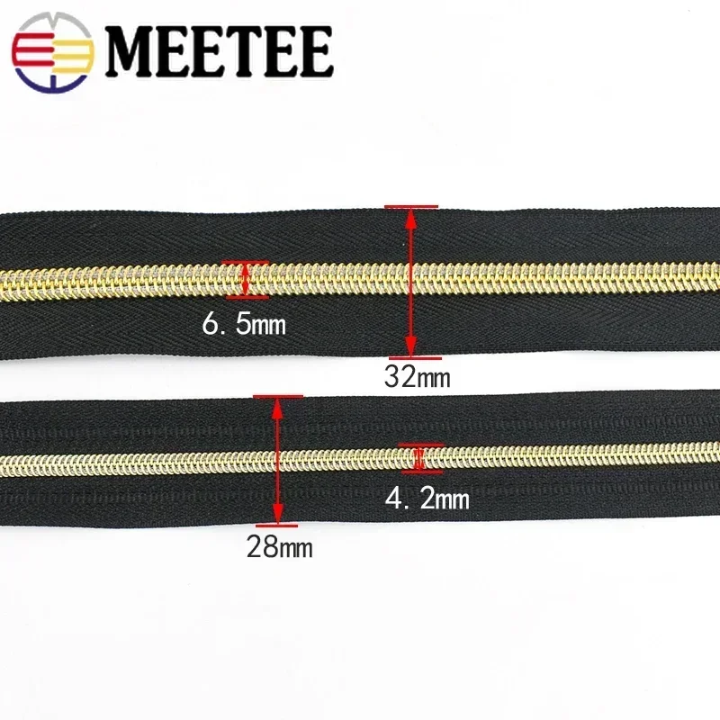 10Meters Gold Nylon Zipper Tape 3# 5# Continuous Decorative Zip Coil with Puller Slider Bag Clothes Jacket Sewing Accessories