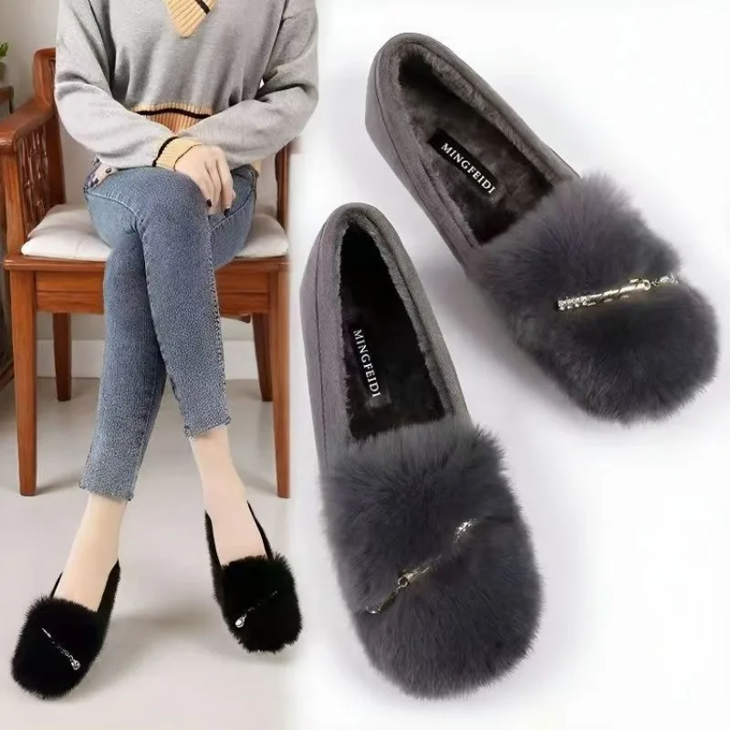 Black Furry Loafers Women Plush Slip On Rhinestone Heart Pendant Round Toe Warm Cozy Versatile Winter Casual Mom Shoes view 5