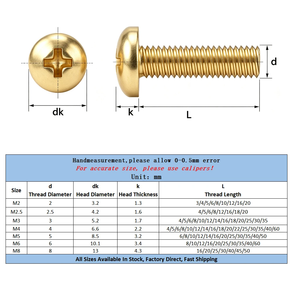 M2-M8 Brass Phillips Pan Head Screws Corrosion Resistant&Electrical Conductivity for Electronics/Electrical Assemblies In Stock