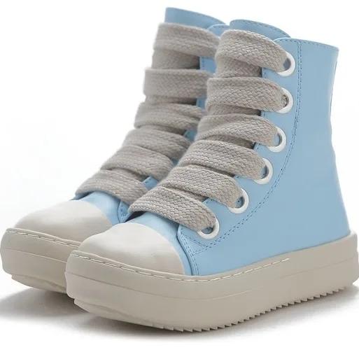 Kids High Top Sneakers Girls Boys Children's Shoes Leather Jumbo Lace Up Casual Spring Streetwear Sky Blue Boots Owen