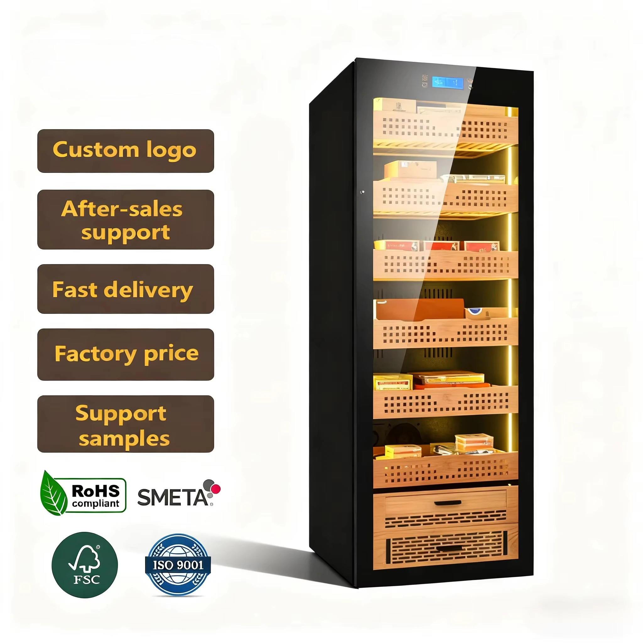 Luxury Custom Wooden Glass Door Display Storage Cigar Humidor Cabinet For Home Office
