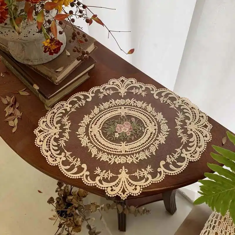 Large Beige Retro Lace Placemats, French Crochet Doilies, Handmade Embroidered Table Mats, Place Mats Cup Mat
