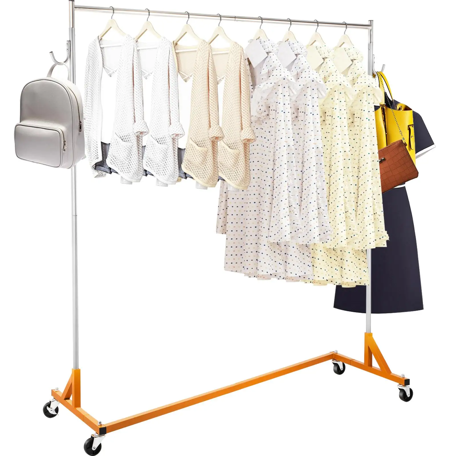 Industrial Grade Z Base Garment Rack Rolling Steel Clothing Display Rack with Lockable Casters for home Store Commercial Use Orange