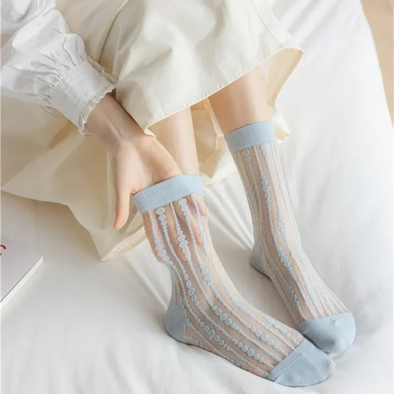 

Модные милые носки в полоску, летние ультратонкие прозрачные шелковые бриллиантовые винтажные короткие носки в уличном стиле