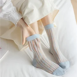 Fashion Striped Kawaii Cute Socks Summer Ultra-Thin Transparent Crystal Silk Socks Women Harajuku Vintage Streetwear Crew Socks