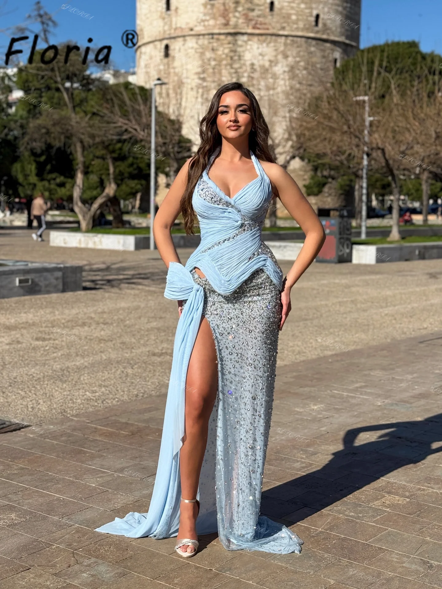 

Новое светло-голубое платье с тяжелыми бусинами и кристаллами в стиле русалки, блестящее вечернее платье с разрезом, платье для вечеринок, vestido madrinhas casamento