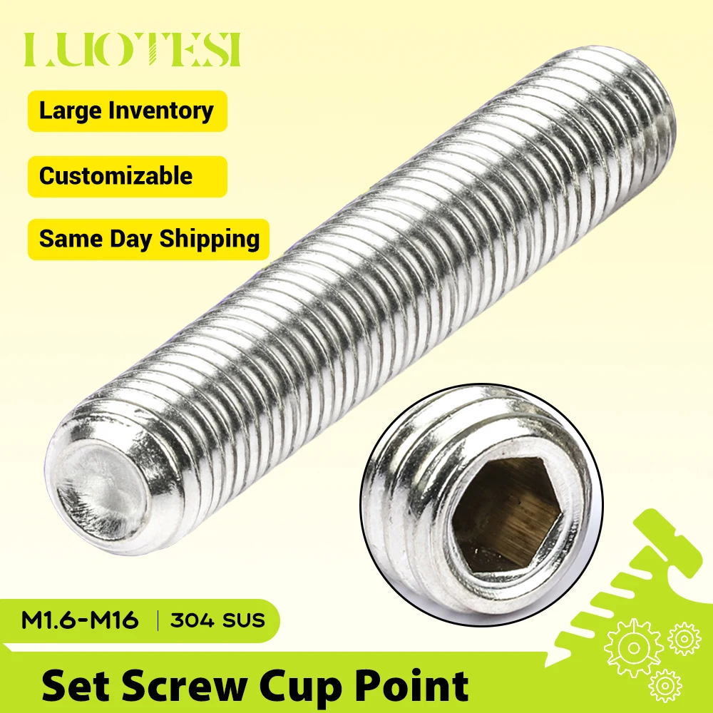 Hexagon Socket Set Screw Cup Point 304 Stainless Steel M2 M3 M4 M5 M6 M8 M10 Headless Grub Screw Cup-Tip Set Screws DIN916